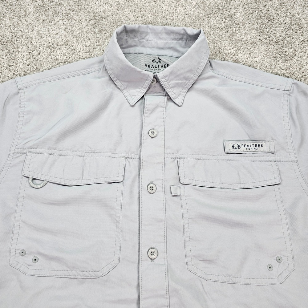 Realtree Fishing Shirt Mens Medium Short Sleeve Button Up Gray Outdoor Camp‎
